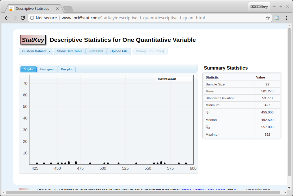StatKey One Quantitative Variable window